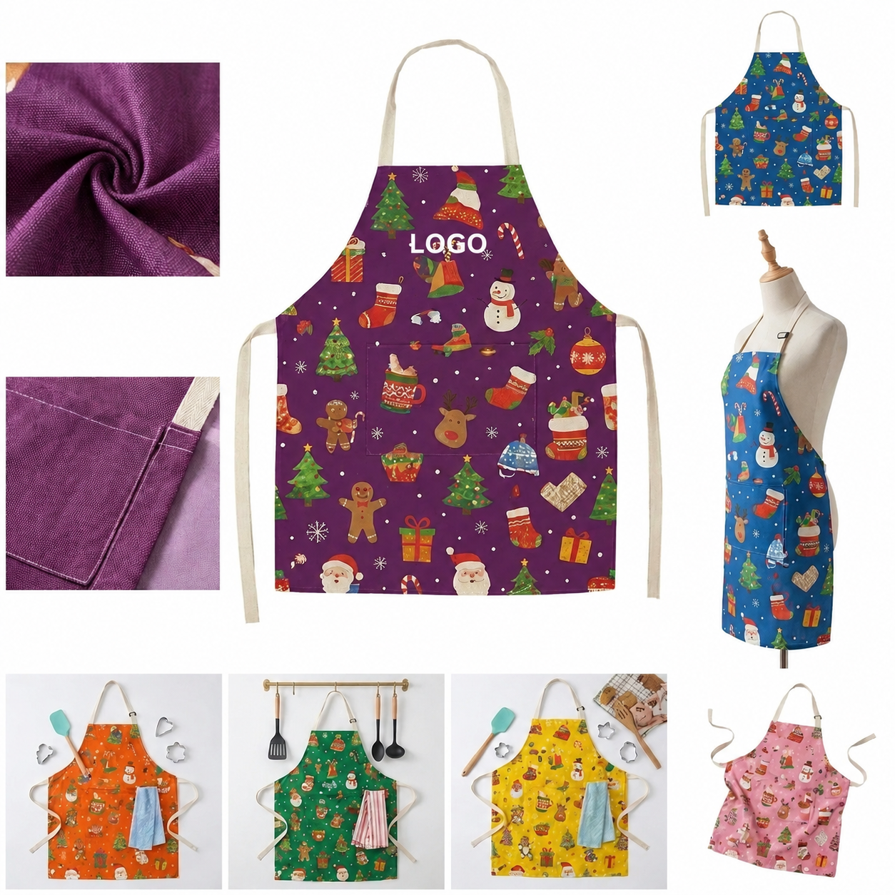 Festive Seasonal Linen Blend Apron with Utility Pocket
