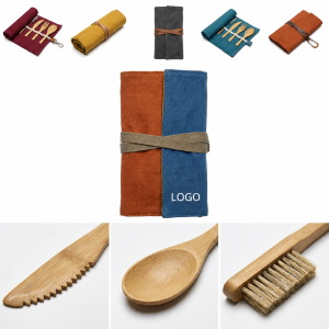 Reusable Bamboo Travel Utensil Set with Canvas Roll-up Case