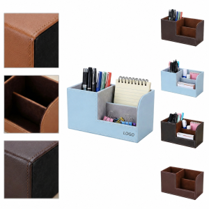 Multi-Compartment Vegan Leather Desk Caddy with Contrast Stitching